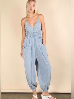 Light Blue Gauze Jumpsuit with Spaghetti Straps